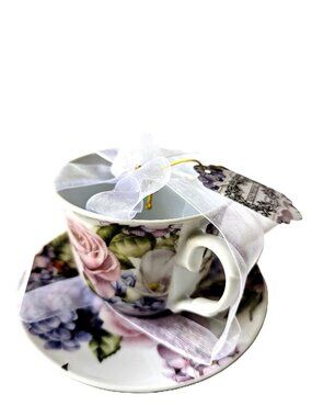 Kent Pottery Set Teacup & Saucer Pink and Lavender Roses Floral Ceramic